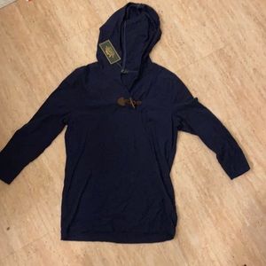 3/4 sleeve navy blue hooded shirt
